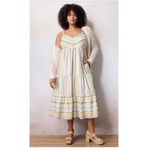 LC Lauren Conrad Babydoll Striped Tiered Smocked Midi Dress Coastal Euro Summer